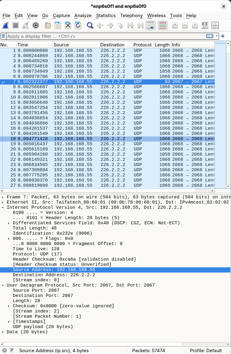 Wireshark capture of unroutable multicast traffic from an HDMI extender. The source IP 192.168.168.55 is unroutable, and the destination is the multicast group 226.2.2.2.
